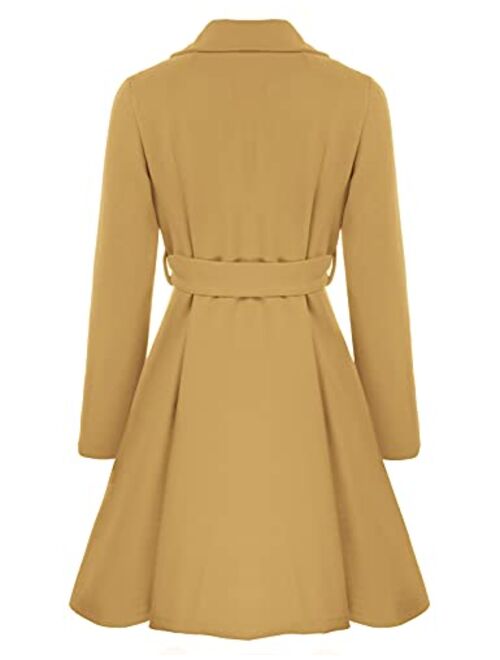 Kate Kasin Women A Line Peacoat Dress Coat Belted Notch Lapel Overcoat Fall Winter Trench Coats