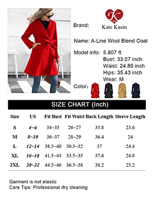 Kate Kasin Women A Line Peacoat Dress Coat Belted Notch Lapel Overcoat Fall Winter Trench Coats