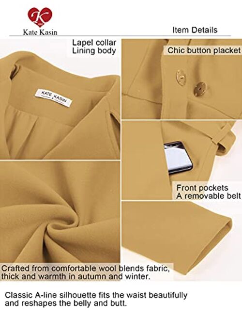 Kate Kasin Women A Line Peacoat Dress Coat Belted Notch Lapel Overcoat Fall Winter Trench Coats