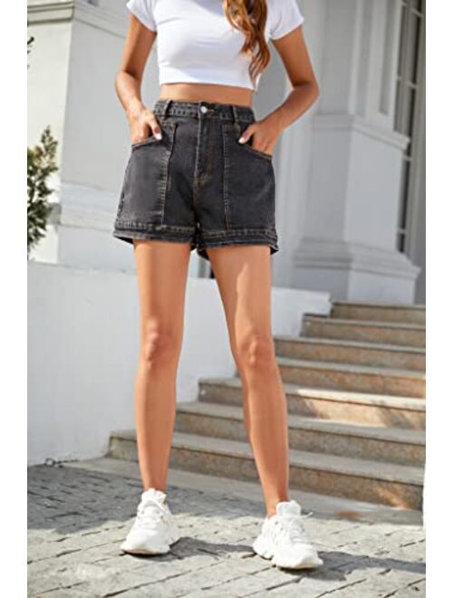 Kate Kasin Women's Summer Casual High Waisted Denim Shorts Workout Wide Leg Jean Shorts with Pockets