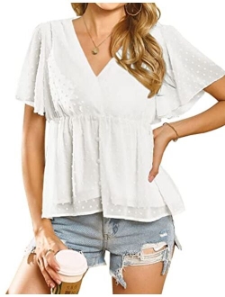 Women's Summer Loose Ruffle Hem Short Sleeve Swiss Dot Peplum Top Blouse Shirts