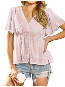 Women's Summer Loose Ruffle Hem Short Sleeve Swiss Dot Peplum Top Blouse Shirts