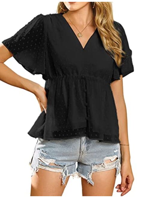 Kate Kasin Women's Summer Loose Ruffle Hem Short Sleeve Swiss Dot Peplum Top Blouse Shirts
