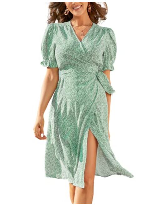 Kate Kasin Women Ruffle Puff Sleeve Floral Printed V Neck A-Line Midi Wrap Dress