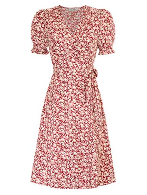 Kate Kasin Women Ruffle Puff Sleeve Floral Printed V Neck A-Line Midi Wrap Dress