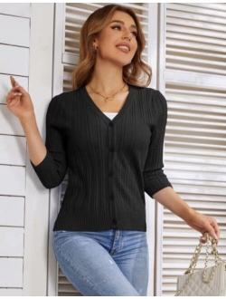 Women Ribbed Pointelle Lightweight Cropped Cardigan 3/4 Sleeve Button Down Shrug Sweaters V Neck Knit Tops
