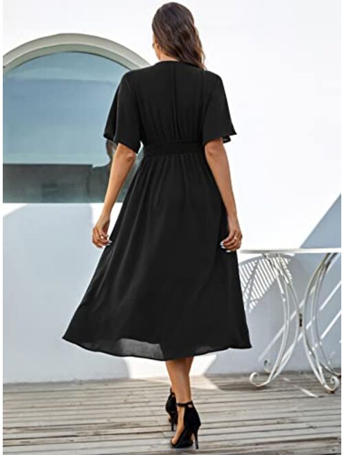 Kate Kasin Women’s Maxi Dress Short Sleeve Button Up Split Hem Smocked Waist Flowy A Line Beach Dress