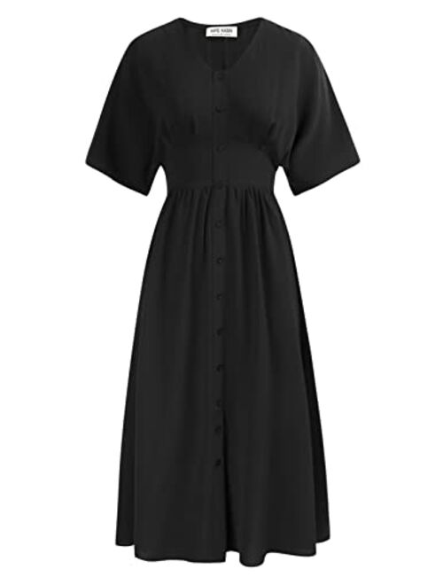Kate Kasin Women’s Maxi Dress Short Sleeve Button Up Split Hem Smocked Waist Flowy A Line Beach Dress