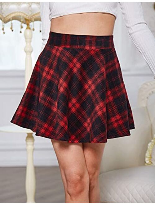 Kate Kasin Women Plaid A-Line Mini Skirt High Waist Flared Skater Skirt