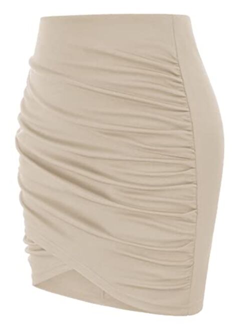 Kate Kasin Women's Ruched Skirts Elastic High Waist Wrap Slim Fit Bodycon Pencil Mini Skirt