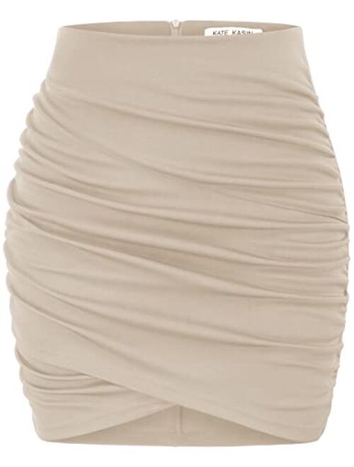 Kate Kasin Women's Ruched Skirts Elastic High Waist Wrap Slim Fit Bodycon Pencil Mini Skirt