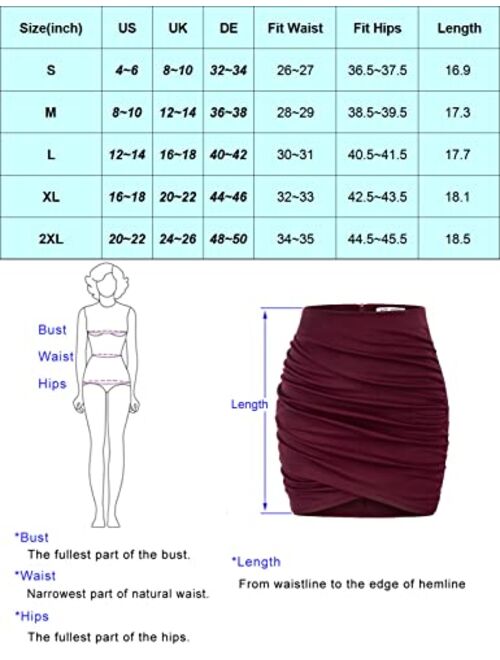 Kate Kasin Women's Ruched Skirts Elastic High Waist Wrap Slim Fit Bodycon Pencil Mini Skirt