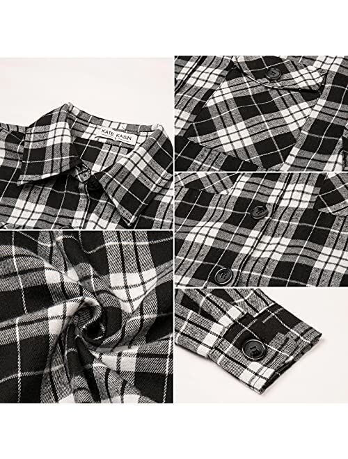 Kate Kasin Women Plaid Shirt Coat Button Up Lapel Long Shacket Jacket with Pocket