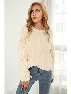 Fringe Long Sleeve Sweater Chunky Cable Knit Oversized Pullover Jumper Tops