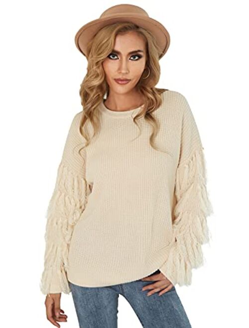 Kate Kasin Fringe Long Sleeve Sweater Chunky Cable Knit Oversized Pullover Jumper Tops