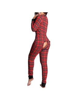 Mieeyali Women's Sexy Butt Button Back Flap Jumpsuit V Neck Long Sleeve Romper Bodycon Pajamas Onesies