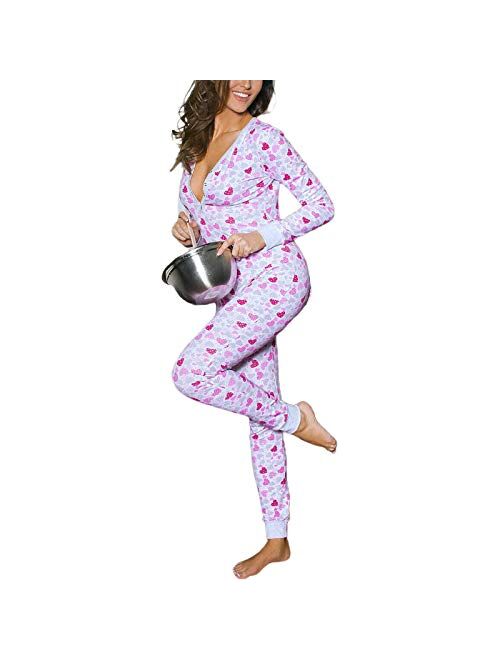 Mieeyali Women's Sexy Butt Button Back Flap Jumpsuit V Neck Long Sleeve Romper Bodycon Pajamas Onesies