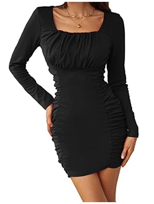Kate Kasin Women Square Neck Ruched Bodycon Long Sleeves Sexy Club Mini Dress