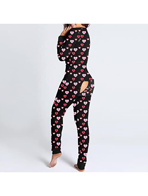 siilsaa Onesie Pajamas for Women Sexy with Butt Flap Back Functional Heart Long Sleeve Bodycon Jumpsuits Pajamas Sleepwear
