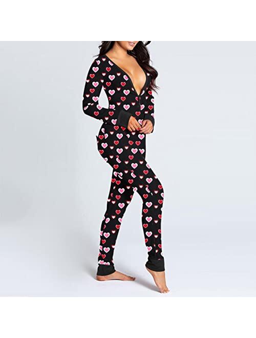 siilsaa Onesie Pajamas for Women Sexy with Butt Flap Back Functional Heart Long Sleeve Bodycon Jumpsuits Pajamas Sleepwear