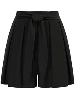 Women's Pleated Shorts Elastic High Waist Bow Tie Summer Casual Shorts with Pockets