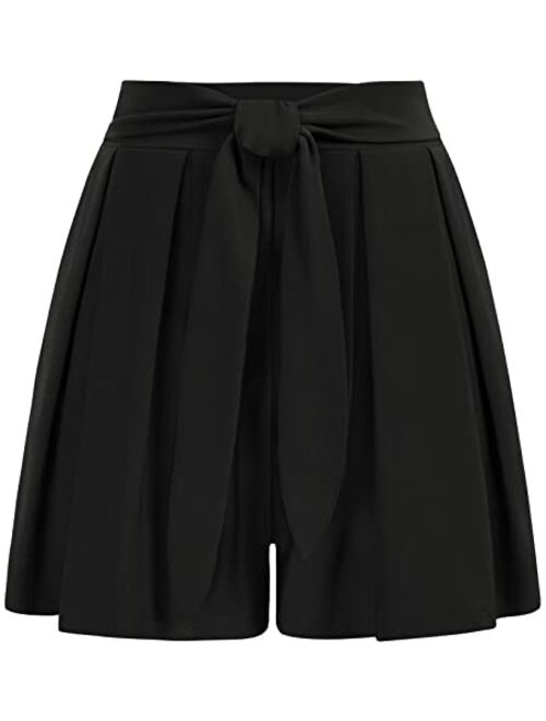 Kate Kasin Women's Pleated Shorts Elastic High Waist Bow Tie Summer Casual Shorts with Pockets