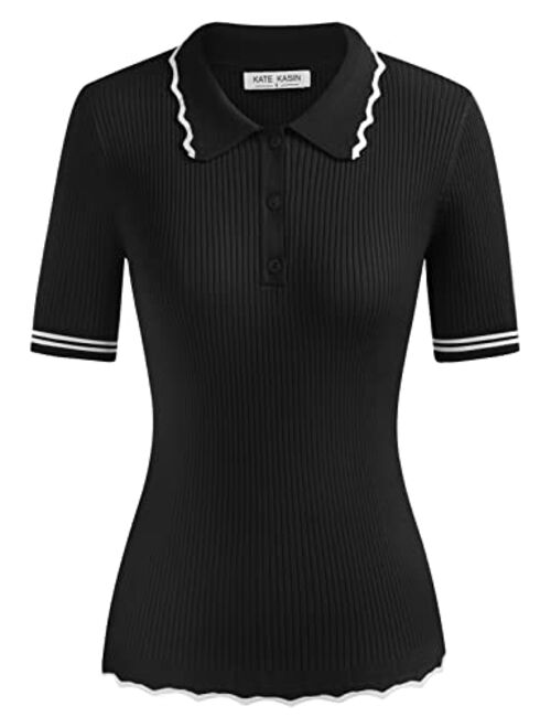 Kate Kasin Women's Polo Short Sleeve Sweaters Collared Button Rib Pullover Shirts Knit Tops