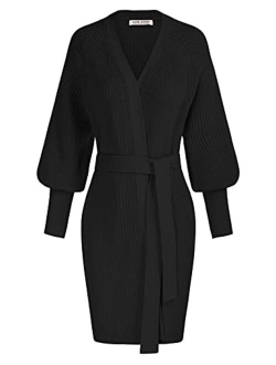 Women's V Neck Open Front Lantern Sleeve Cardigan Ribbed Knit Wrap Cardigan Sweater with Belt