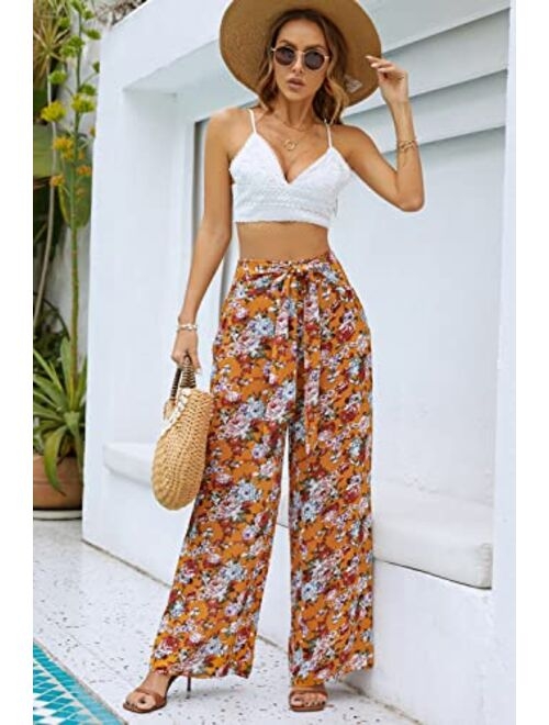Kate Kasin Women's Elastic High Waisted Palazzo Pants Belted Casual Flowy Wide Leg Long Trousers with Pockets