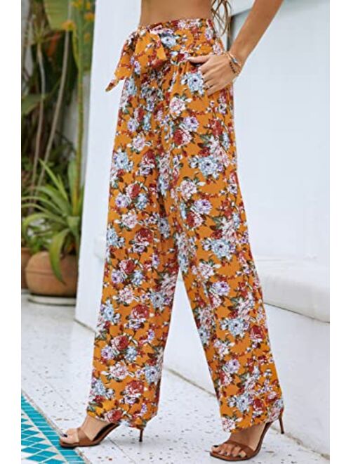 Kate Kasin Women's Elastic High Waisted Palazzo Pants Belted Casual Flowy Wide Leg Long Trousers with Pockets