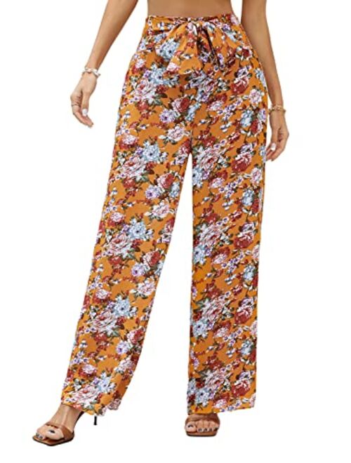 Kate Kasin Women's Elastic High Waisted Palazzo Pants Belted Casual Flowy Wide Leg Long Trousers with Pockets