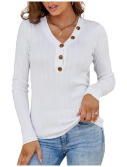 Women Long Sleeve Ribbed Knit Henley Shirts V Neck Button Slim Fitted Pullover Sweater Tops