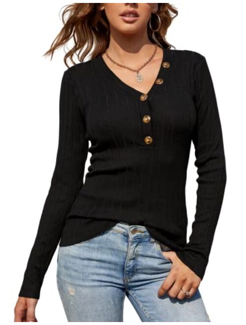Kate Kasin Women Long Sleeve Ribbed Knit Henley Shirts V Neck Button Slim Fitted Pullover Sweater Tops