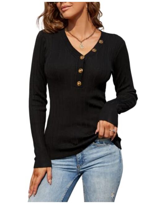 Kate Kasin Women Long Sleeve Ribbed Knit Henley Shirts V Neck Button Slim Fitted Pullover Sweater Tops