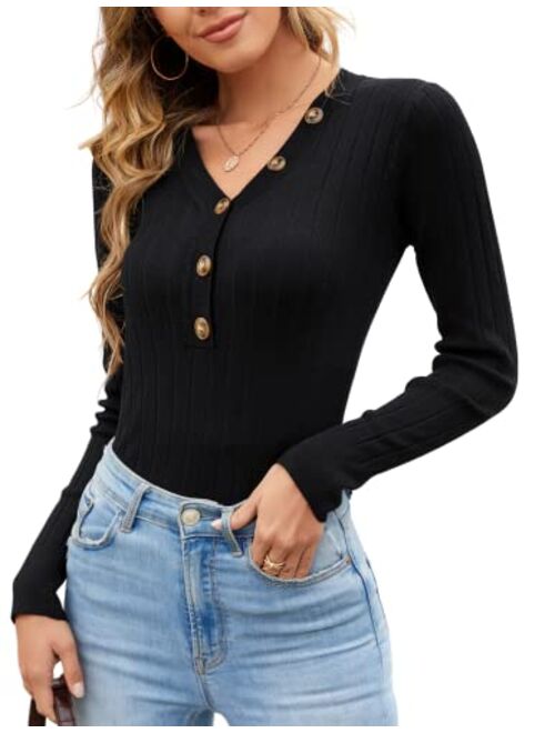 Kate Kasin Women Long Sleeve Ribbed Knit Henley Shirts V Neck Button Slim Fitted Pullover Sweater Tops