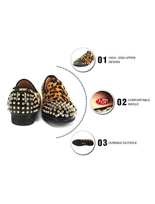 XQWFH Mens Leopard Loafers Leather Embroidery Spiked Slip on Dress Shoes Slipper Luxury Fashion Penny Prom
