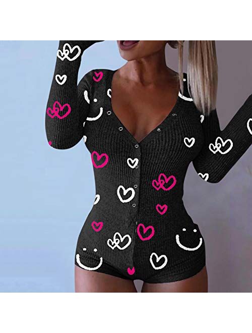 AODONG Jumpsuit for Women,Yeyamei Women's Sexy Deep V Neck Pajamas Long Sleeve Hart Print One Piece Jumpsuit Rompers