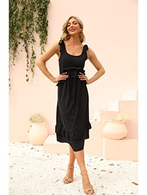 Kate Kasin Women Tie Shoulder Spaghetti Strap Dress Summer Ruffled Tiered A Line Midi Swing Dress with Pocket