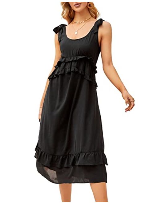 Kate Kasin Women Tie Shoulder Spaghetti Strap Dress Summer Ruffled Tiered A Line Midi Swing Dress with Pocket