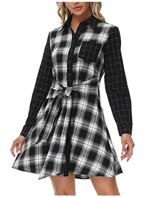Kate Kasin Women Tie Waist Contrast Plaid Shirt Dress Long Sleeve Button Down A Line Swing Dress