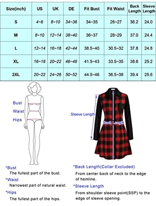 Kate Kasin Women Tie Waist Contrast Plaid Shirt Dress Long Sleeve Button Down A Line Swing Dress