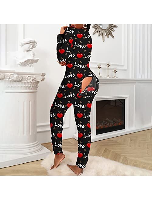 Asntrgd Womens Sexy Onesie Pajama Deep V Neck Long Sleeve Onesie Jumpsuit Back Functional Buttoned Flap Adult Bodycon Romper