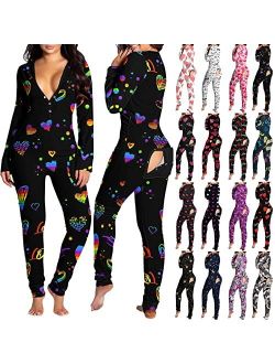 Asntrgd Womens Sexy Onesie Pajamas Long Sleeve V Neck One Piece Jumpsuit with Back Functional Buttoned Flap Adults Sleepwear