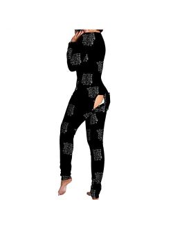 Mitcowboys Women's One-Piece Onesies Nightwear Long Sleeve Homewear Butt Flap Pajamas V-Neck Rompers Sexy Bodysuit Printed Jumpsuit