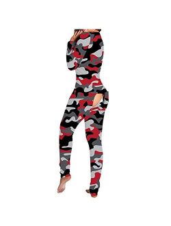 MEDRESPIRIA Pajamas for Women Sexy,Casual Long Sleeve V Neck Butt Button Back Flap Long Sleeve One Piece Jumpsuit