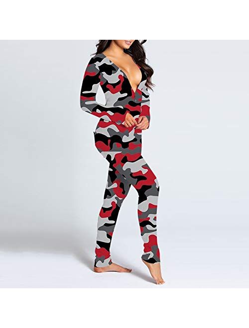 MEDRESPIRIA Pajamas for Women Sexy,Casual Long Sleeve V Neck Butt Button Back Flap Long Sleeve One Piece Jumpsuit