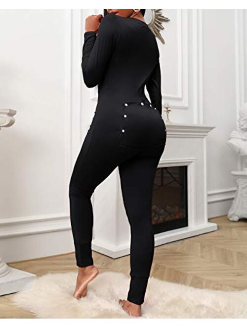Chicme Best Shopping Deals CHICME Women's Long Jumpsuit Romper One Piece Sexy Plain Functional Buttoned Flap Bodycon Adults Onesie Pajamas