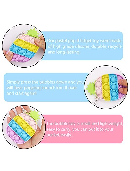 MAXDUCK 5 Pack Push Pop Bubble Fidget Toy Keychain, Pastel Squeeze Sensory Tools , Pop Silicone Fidget Stress Toys Bubble Stress Toy Set Emotional Fun Toy for Kids and Ad