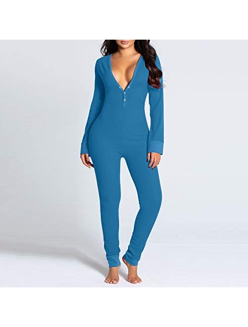AODONG Jumpsuit for Women Sexy, Women's Sexy Long Sleeve One-Piece Onesie Jumpsuit Rompers Deep V Neck Bodysuit Pajamas