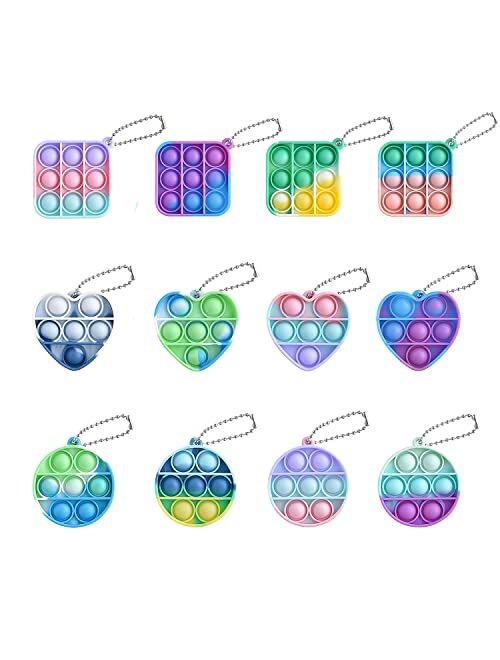 Generic 12 Pcs Mini Push Pop Keychain Fidget Toy, Simple Popitz Stress Relief Hand Toy, Keychain Bubble Anti-Anxiety Sensory Desk Toys for Kids (3 Shapes)